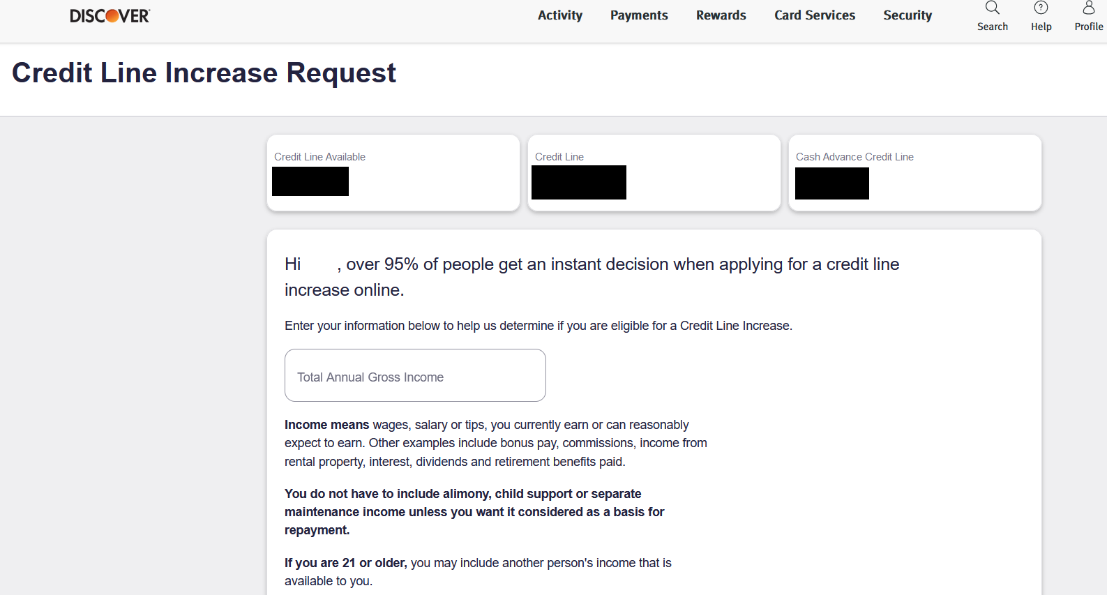 Accessing a credit line increase request form