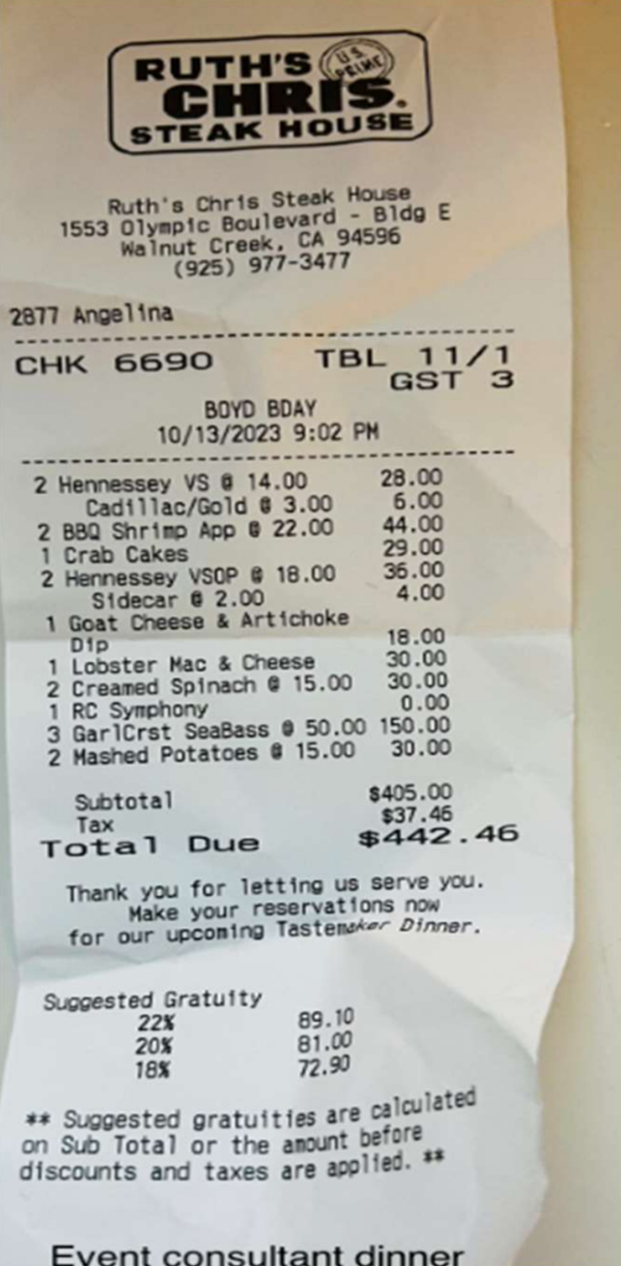 Government grift - Ruth's Chris steak house receipt by Henry and the Both Sides Of The Conversation non-profit in San Francisco