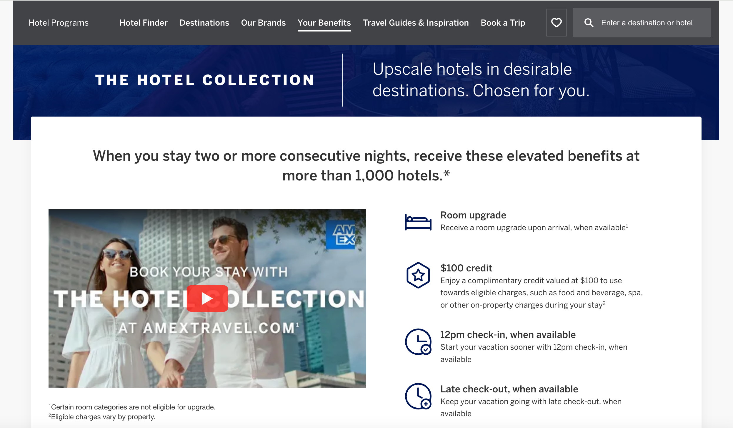 Screenshote of American Express Fine Hotels + Resorts benefits page